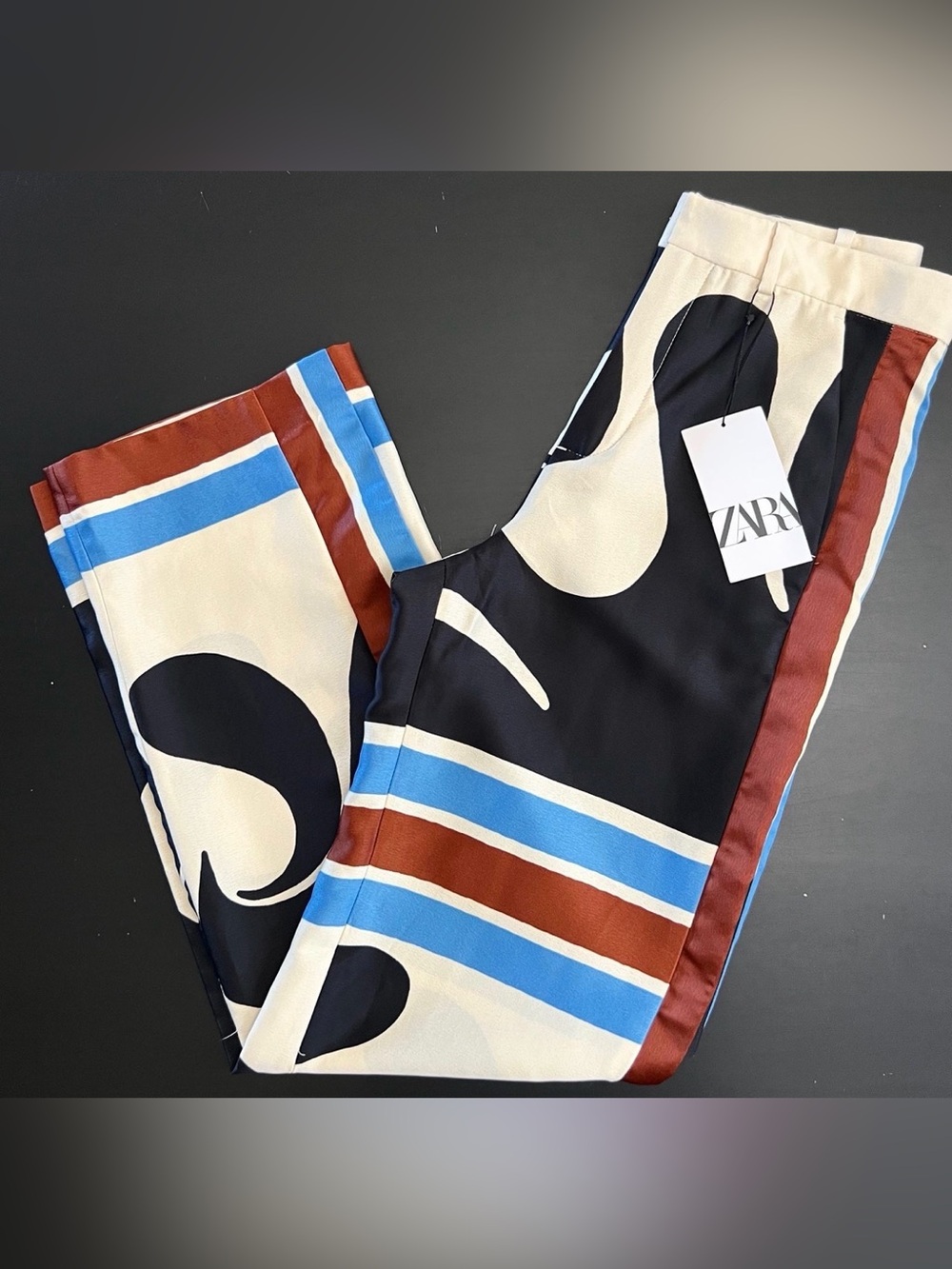 ZARA Printed Satin-Feel Pants in Black/Cream with Blue & Brown Stripes